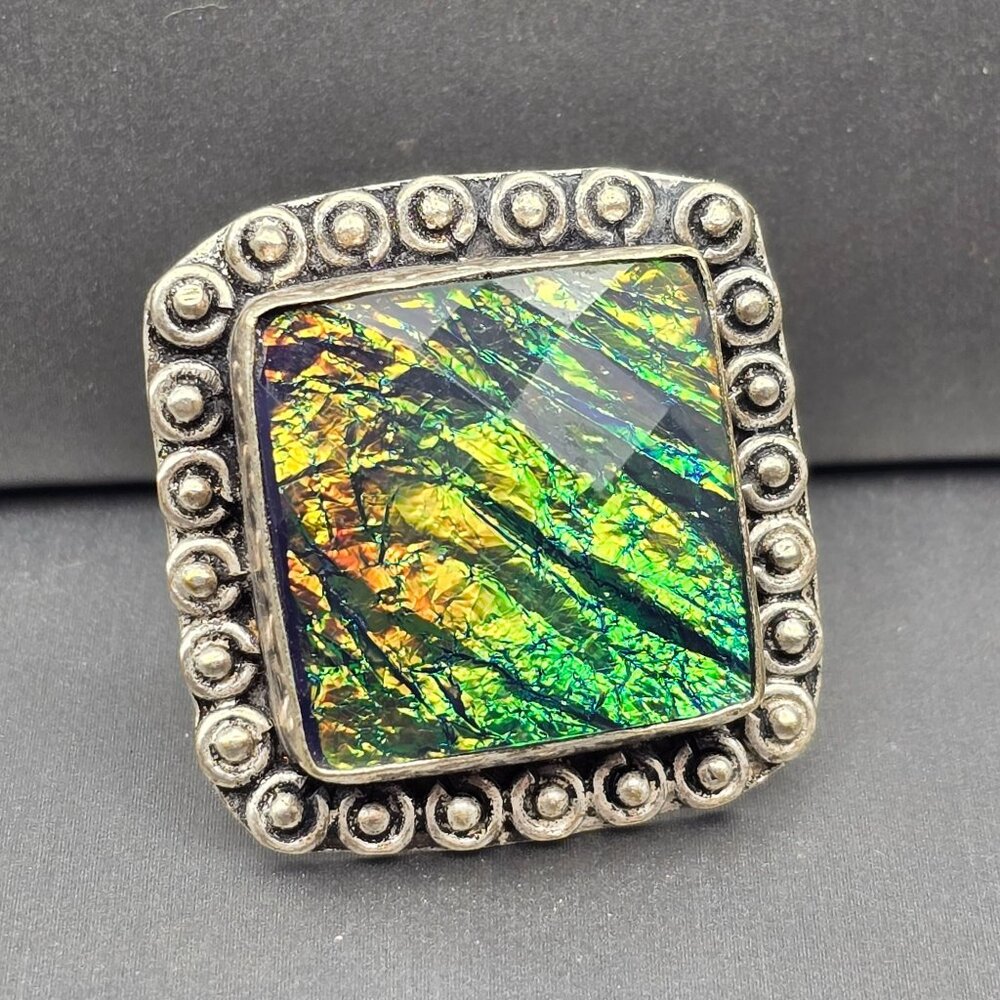 Etruscan Revival Ring Dichroic Glass Cabochon VTG Silver-Plt Size 7.5 Jewelry